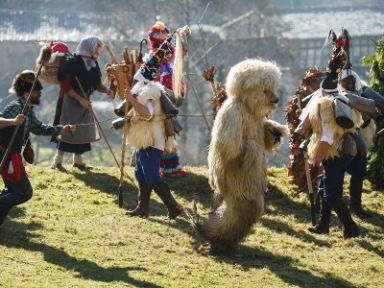 Oso, Zarramacos y resto de personajes en momento de la captura. Fotografía de César Manso (derechos de la Asociación Cultural Amigos de la Vijanera)